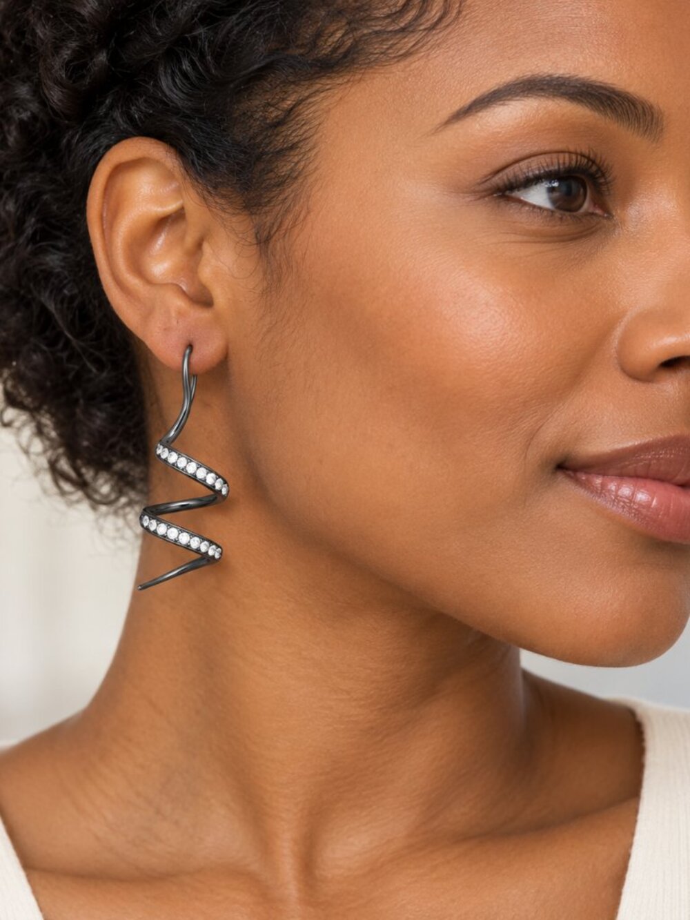 nOir Dark Metal Clear Crystal Double Spiral Drop Earrings
